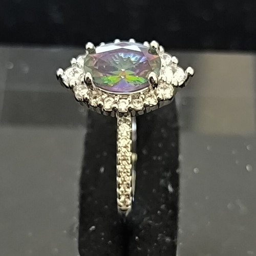 Vintage ring with multicolor iridescent stone and white zircons new
