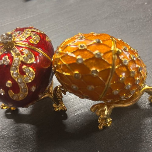 Set of 2 decorative enamel and strass egg jewelry boxes like new