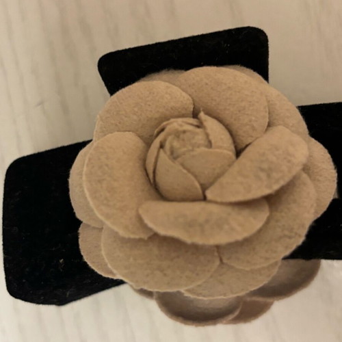 Velvet hair clip black with white fabric camellia new
