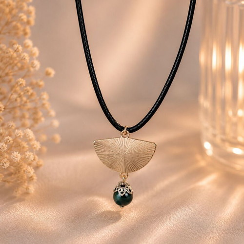 Handmade Imperial Fan Necklace with Black Crystals and Pearl