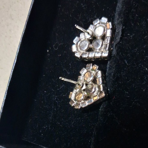 Vintage 90s Heart-Shaped Earrings with Rhinestones, Like New, Silver Color