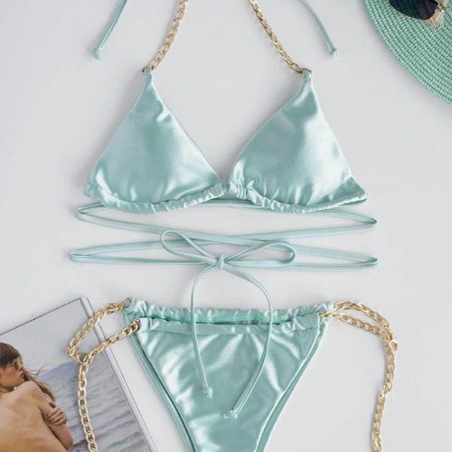 Satin triangle bikini swimsuit with chains light blue