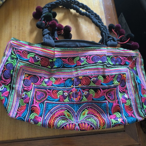 Handmade ethnic boho shoulder bag with colorful traditional Hmong embroidery