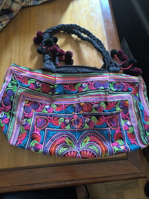 Handmade ethnic boho shoulder bag with colorful traditional Hmong embroidery