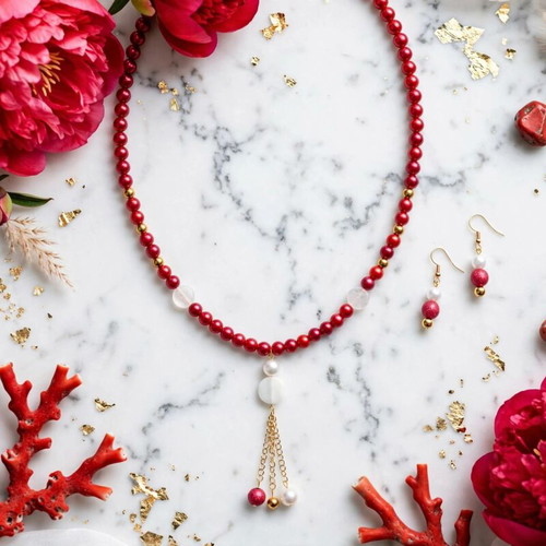 Red Tassel Boho Long Necklace and Earrings Set new