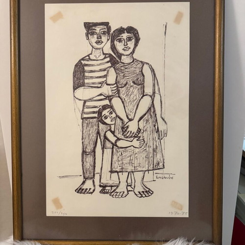 Lithograph Couple with Girl used, Giorgos Sikeliotis