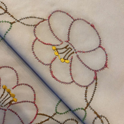 Handmade tablecloth with embroidery and lace used