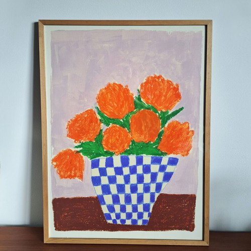Minimal Art Print Orange Florals in wooden frame new