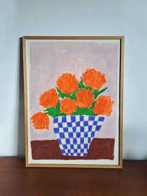 Minimal Art Print Orange Florals in wooden frame new
