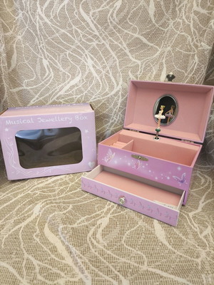 Musical jewelry box with rotating ballerina and drawer, new, pink