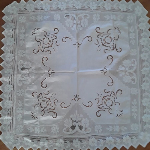 White tablecloth 1.16 x 1.16 m with crochet and handmade embroidery new
