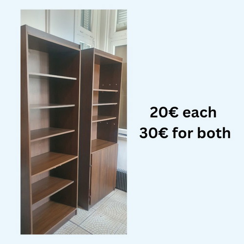 Bookshelves dark walnut veneer used, set of 2 with cupboard doors