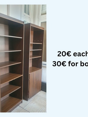 Bookshelves dark walnut veneer used, set of 2 with cupboard doors