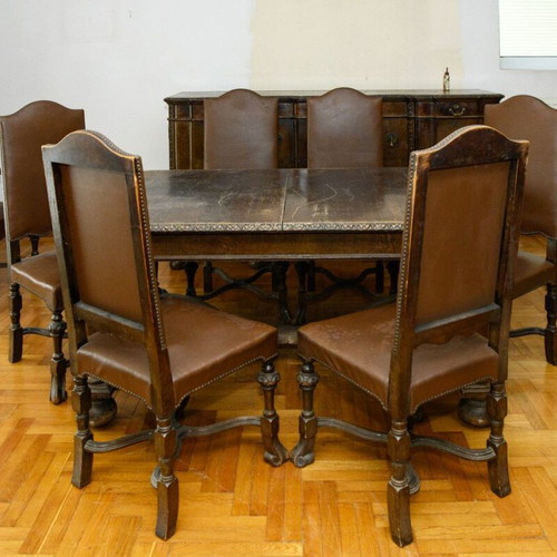 Tudor Jacobean dining set used, table and 6 chairs, antique