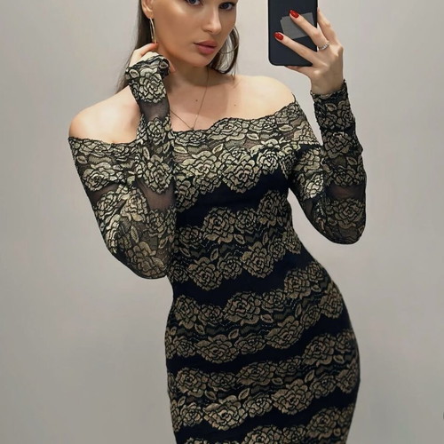 Black-gold lace off-shoulder midi dress, size M