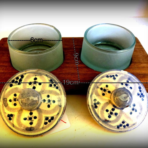Handmade sauce boat pair like new with wooden base