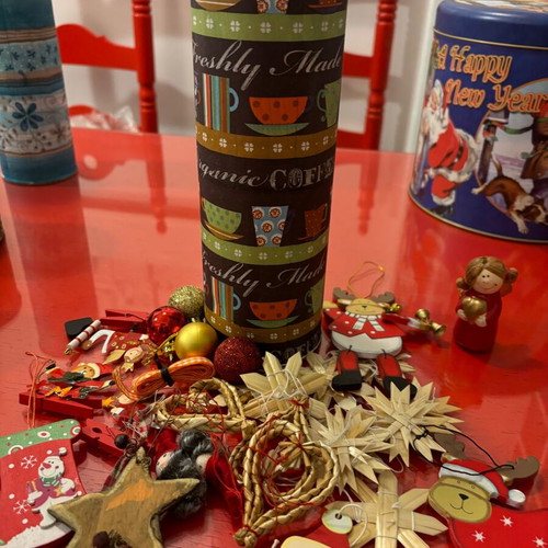 Box with Christmas decorations like new