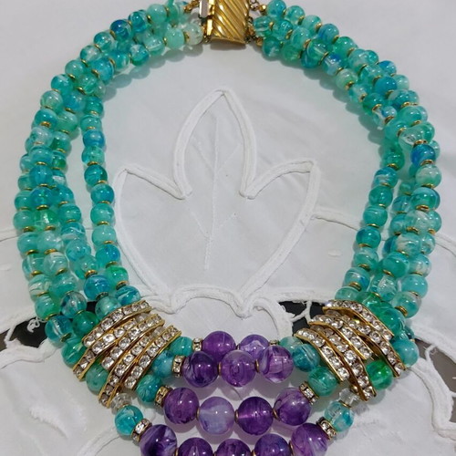 Collectible Necklace 1990 with Synthetic Malachite and Amethyst like new