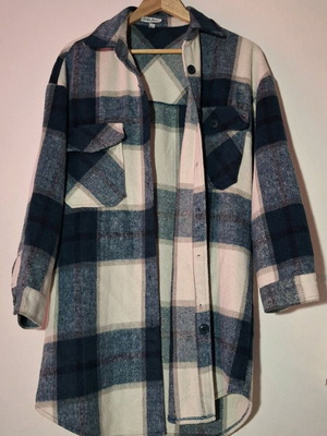 Plaid Long Shirt like new, oversized, blue, white and beige