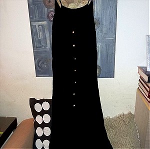 Μακρυ, μαυρο λινο φορεμα με κουμπια L