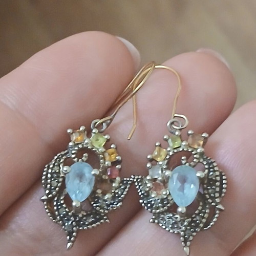 Earrings with semiprecious stones and vintage diamonds in 925 silver and 9k gold