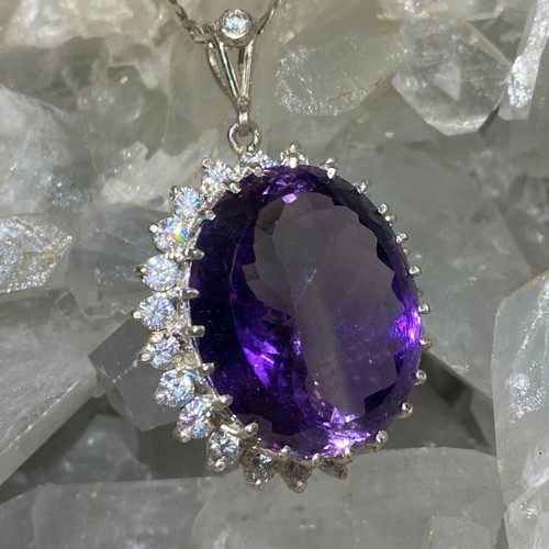 Silver pendant with large cut natural amethyst stone and moissanites, new