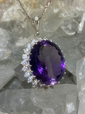 Silver pendant with large cut natural amethyst stone and moissanites, new