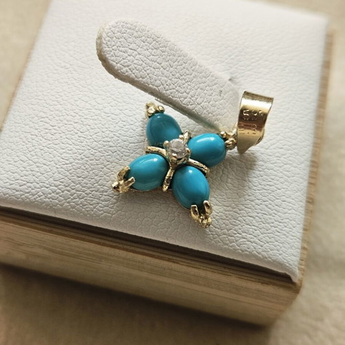 Gold cross 585 14K with turquoise and zircon used
