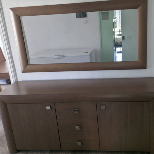 Modern solid oak dining set with 6 chairs and buffet with mirror
