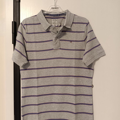 Hilfiger Denim Tommy Hilfiger men's polo shirt, grey with blue and red stripes, large