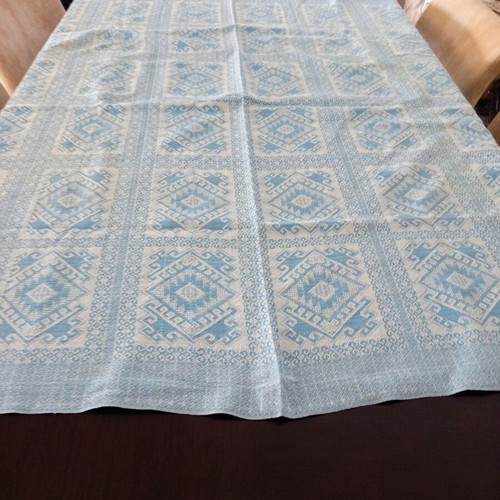 Woven Jacquard Tablecloth used, blue with geometric vintage cotton design