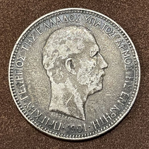 5 Drachmae 1901 Cretan State coin used, VF 25-30 condition