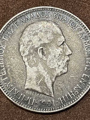 5 Drachmae 1901 Cretan State coin used, VF 25-30 condition