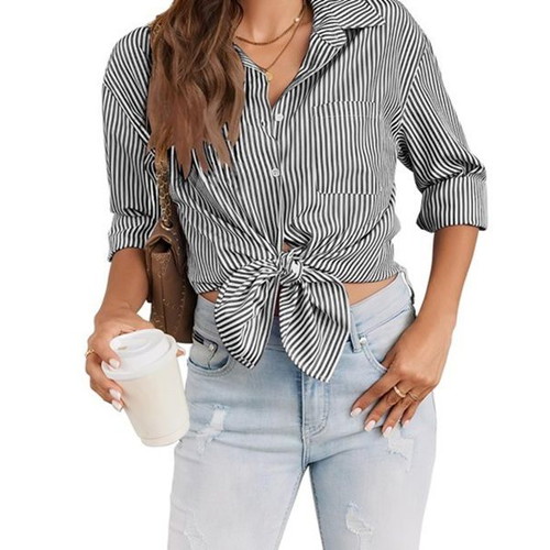 Cuptacc women's striped shirt with V-neck, long sleeves, pocket, size L