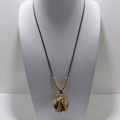 Handmade necklace with fuzzy animal print ball and stainless steel beads