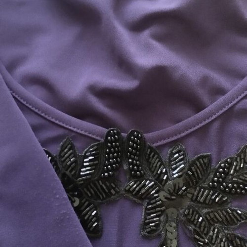 Bill Cost blouse like new, draped purple with embroidered black beads, size M