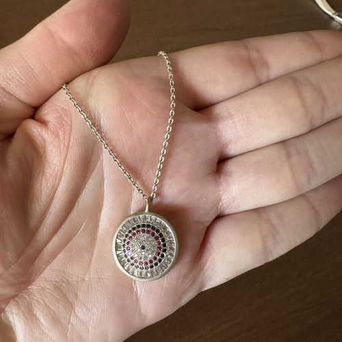Silver women's necklace with eye design and colorful zircon crystals like new