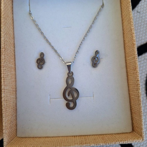 Steel necklace and earrings set treble clef new, silver