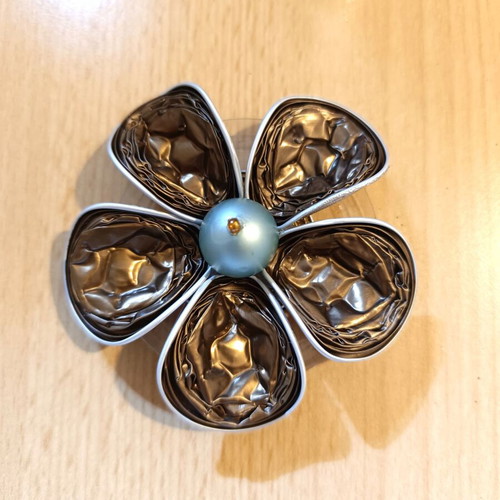 Handmade brooch new, brown and turquoise, recycled material