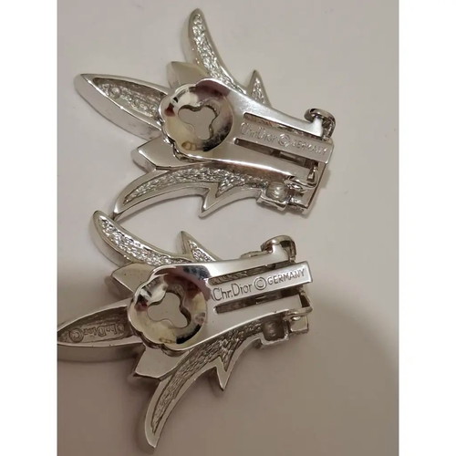 Christian Dior Fleur De Lis Clip On Rhinestone Earrings new, silver gray