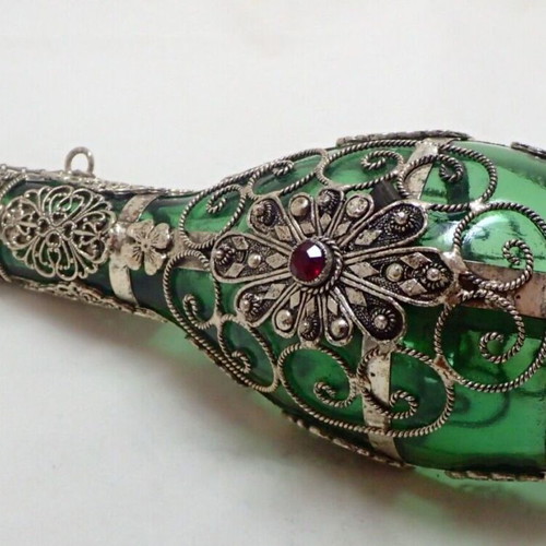 Vintage glass bottle with metal filigree technique from Ioannina folk art workshop