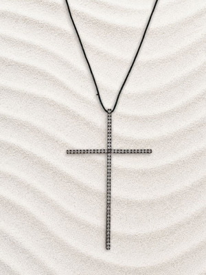Cross necklace with black zircon stones, new, plated bronze