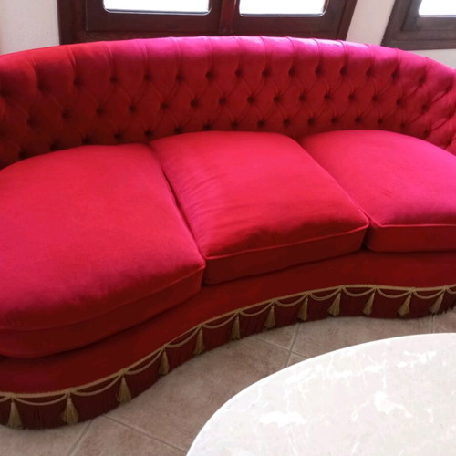 Handmade three-seater sofa and armchairs like new, red velvet