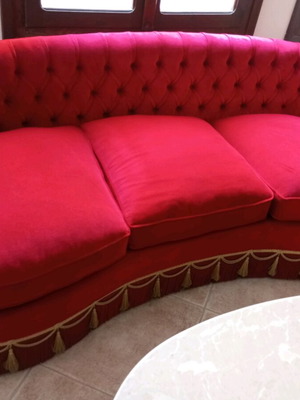 Handmade three-seater sofa and armchairs like new, red velvet