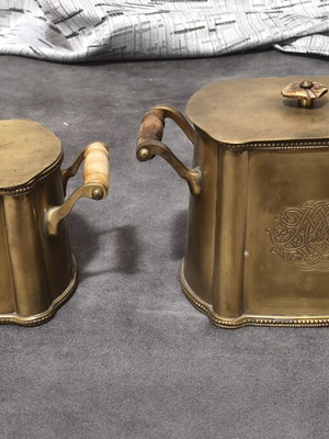 Vintage brass decorative containers with lids and wooden handles used
