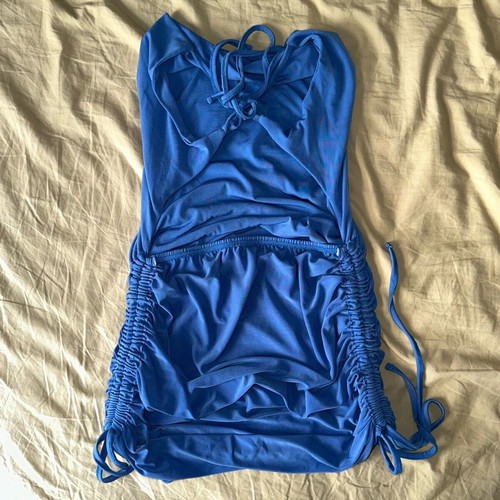 Blue bodycon mini dress with tie up detail like new