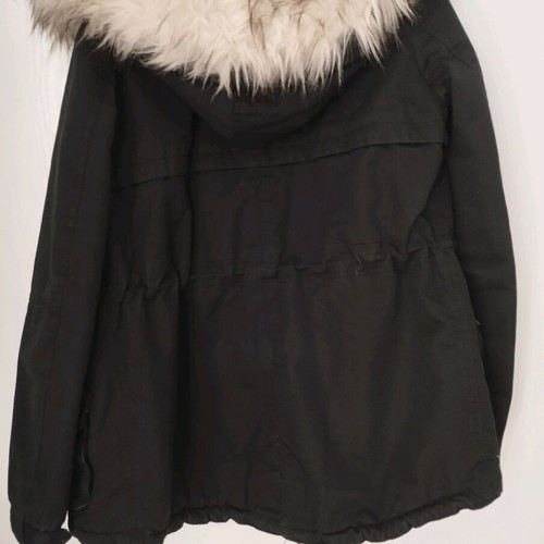H&M parka jacket used black with fur lining, size S