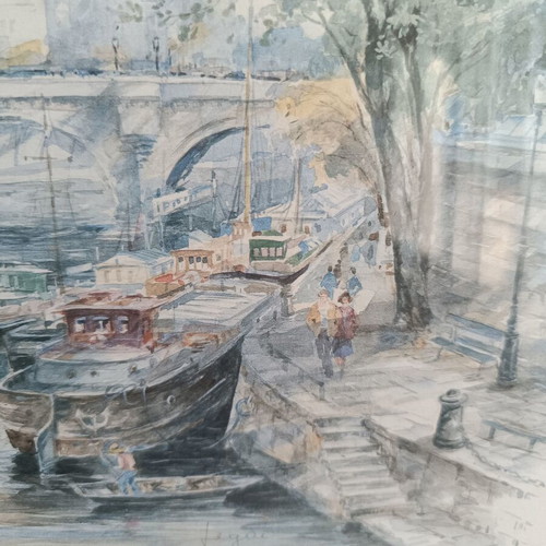 Aquarelle Paris Le Pont Neuf et Notre Dame framed painting like new
