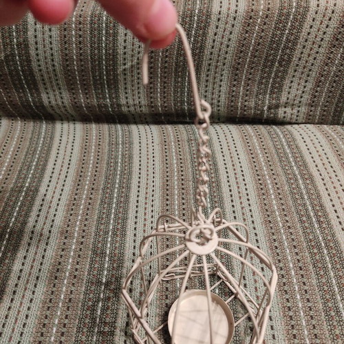 Metal cage candle holder with chain, ecru