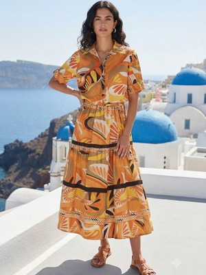 Cotton shirt and skirt set M & L new, black and orange